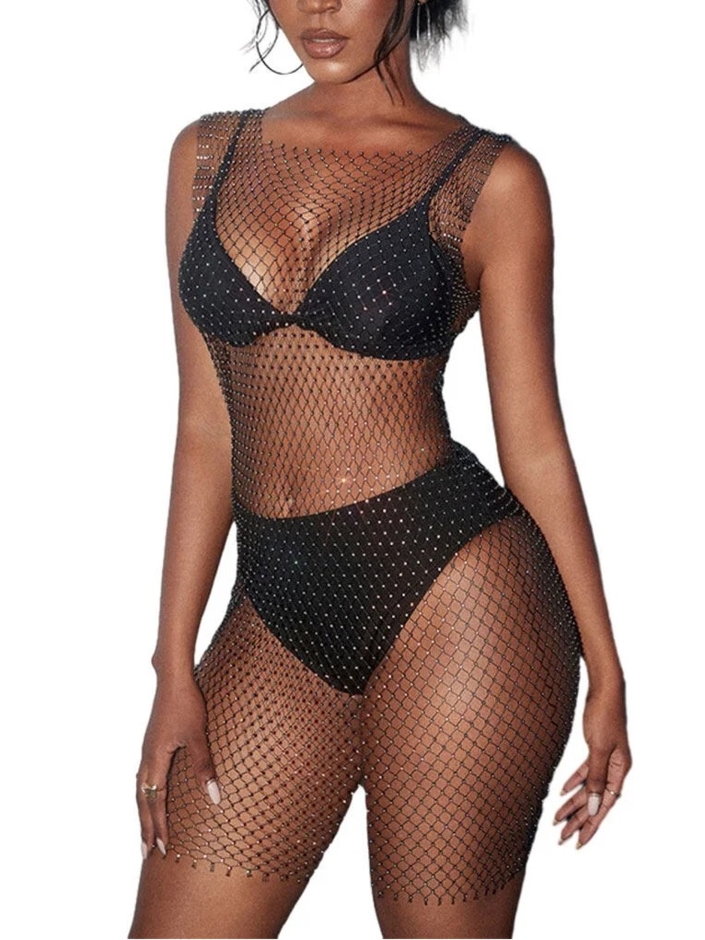 Sheer Rhinestone Fishnet Coverup Dress - Black